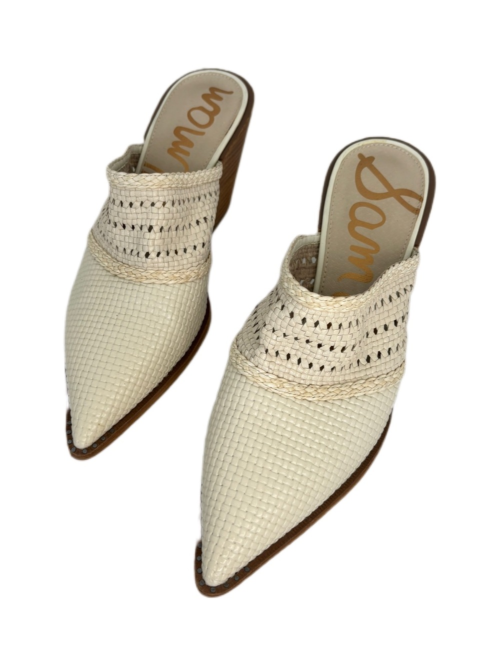 Sam Edelman "Lillianna" Cream Woven Leather Pointed-Toe Stacked Block Heel Mules